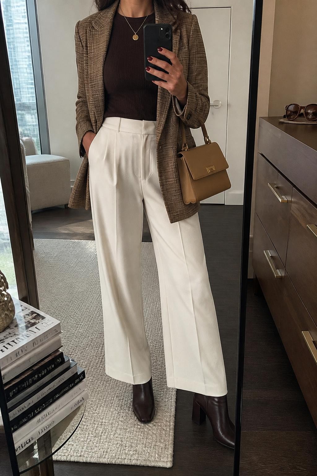 mirror selfie of a woman wearing the exact outfit described above, clearly showing espresso brown block-heel ankle boots, ivory wide-leg trousers, a chocolate fitted knit top, a brown plaid longline blazer, a tan top-handle bag, and a gold pendant necklace, holding a phone in front of a mirror, cropped at NECK so the face does not show, with a relaxed casual selfie pose, in a stylish city apartment, warm moody lighting, with a stack of fashion magazines on a side table and sunglasses placed on a dresser, latest iPhone photo quality.