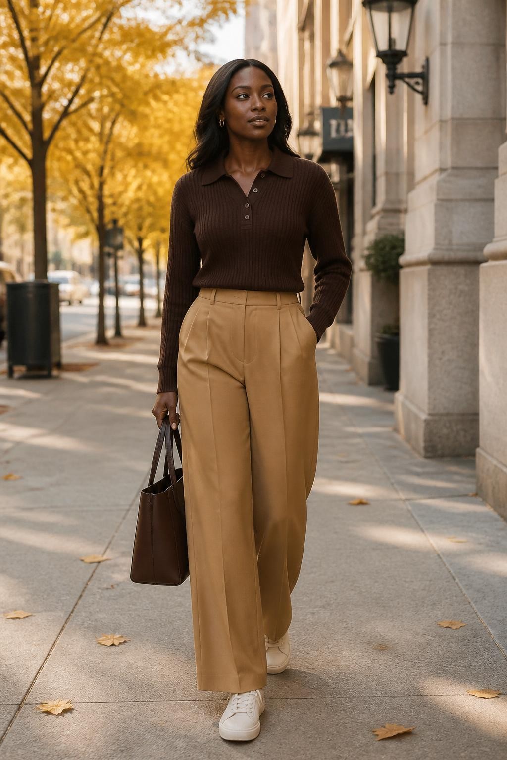 Realistic full-body DSLR fashion photo of a Black woman wearing a chocolate brown knit polo sweater, camel high-waisted wide-leg trousers, cream leather sneakers, small gold hoop earrings, and a structured brown tote, walking along a clean city sidewalk with golden trees and stone buildings behind her, soft autumn morning light, exact clothing colors and pieces visible, confident natural pose.