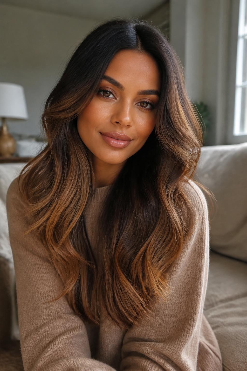 Image Prompt: A beautiful woman with long dark brown hair fading into light golden brown ends, glossy dark roots and mid-lengths blending into warm golden brown tips, soft loose waves, warm brown skin, bronzed makeup, glossy lips, camel sweater, cozy indoor background, soft natural window light, realistic beauty editorial photo, smooth color transition, no text, (no watermarks on images)