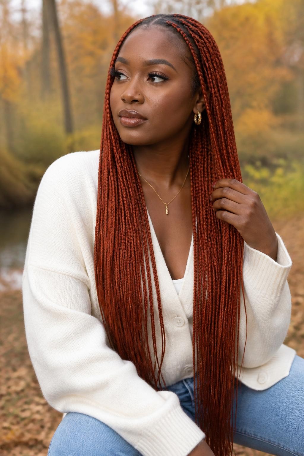 Image Prompt: A fashionable Black woman wearing long burnt orange knotless braids, clean scalp parts, natural-looking roots, smooth waist-length braids, warm deep orange copper tone, deep brown skin, soft glam makeup, gold jewelry, cream cardigan, outdoor fall background with blurred golden leaves, natural daylight, realistic lifestyle beauty photo, detailed braid texture, no text, (no watermarks on images)