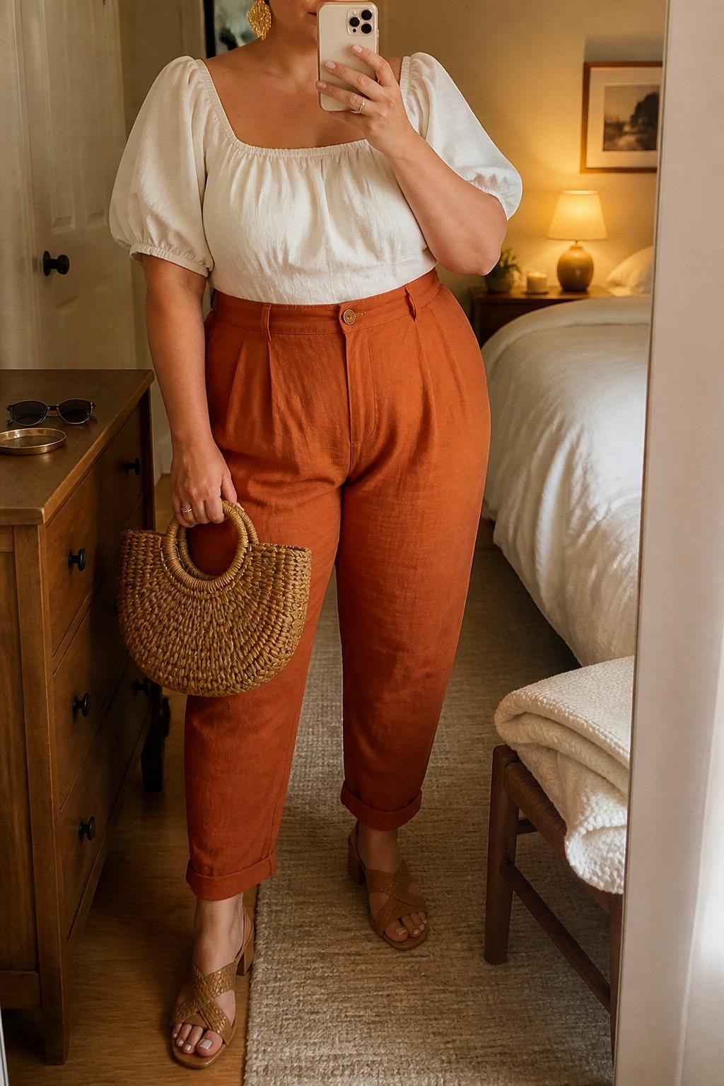 Mirror selfie of a plus size woman wearing rust orange high-waisted linen pants with relaxed tapered legs, an ivory cotton blouse with short puff sleeves and a square neckline, tan woven block-heel sandals, a natural raffia handbag, and hammered gold earrings, clearly showing the exact clothing items, rust linen, ivory cotton, sleeve shape, footwear, and accessories listed, holding a phone in front of a mirror, cropped at the neck so the face is hidden, relaxed feminine selfie pose, in a cozy bedroom mirror setup with evening golden-hour lighting, a folded blanket on a chair and sunglasses placed on a dresser, realistic brunch outfit, latest iPhone photo quality.