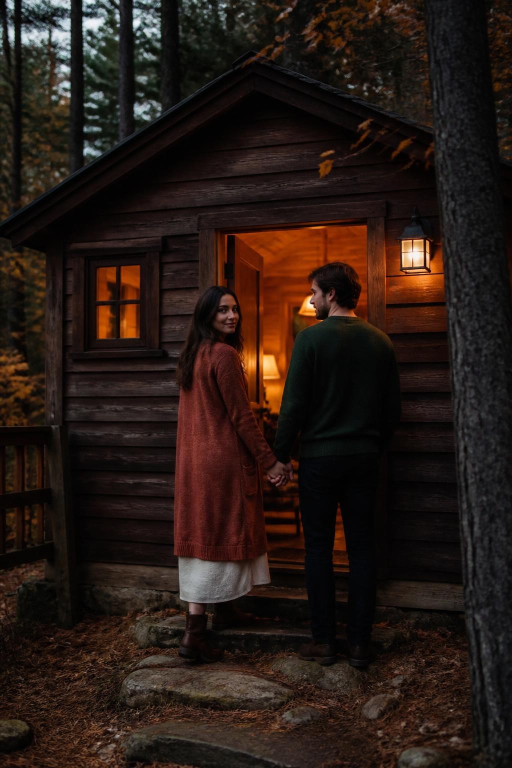Image Prompt: A cinematic but realistic couple standing in the open doorway of a small wooden cabin at the edge of an autumn forest, both photographed from behind as they pause before stepping inside, the woman turning her head back toward the camera with a gentle smile while the man looks at her, their hands linked between them, she wears a long rust cardigan over a cream dress and boots, he wears a dark green sweater with black jeans, warm interior lamp light glowing around their silhouettes, cool evening forest outside, photographed from several feet away with a DSLR 50mm lens, authentic cabin details, believable mixed lighting, natural shadows, quiet storytelling composition, no luxury resort styling.