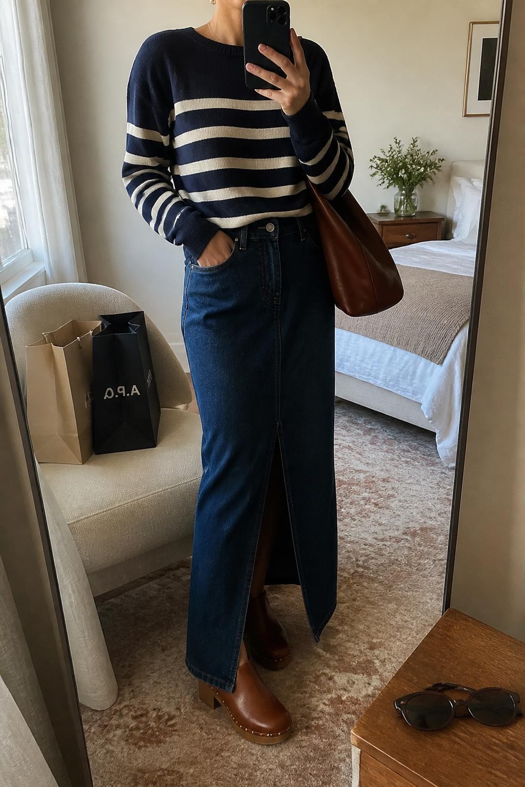 Mirror selfie of a woman wearing a navy and cream striped sweater, dark denim maxi skirt with front slit, brown platform clogs, gold stud earrings, and a brown leather tote bag, holding a phone in front of a mirror, cropped at NECK so the face does not show, relaxed casual selfie pose, in a cozy bedroom mirror setup, natural window light, with shopping bags beside a chair and sunglasses placed on a dresser, latest iPhone photo quality.