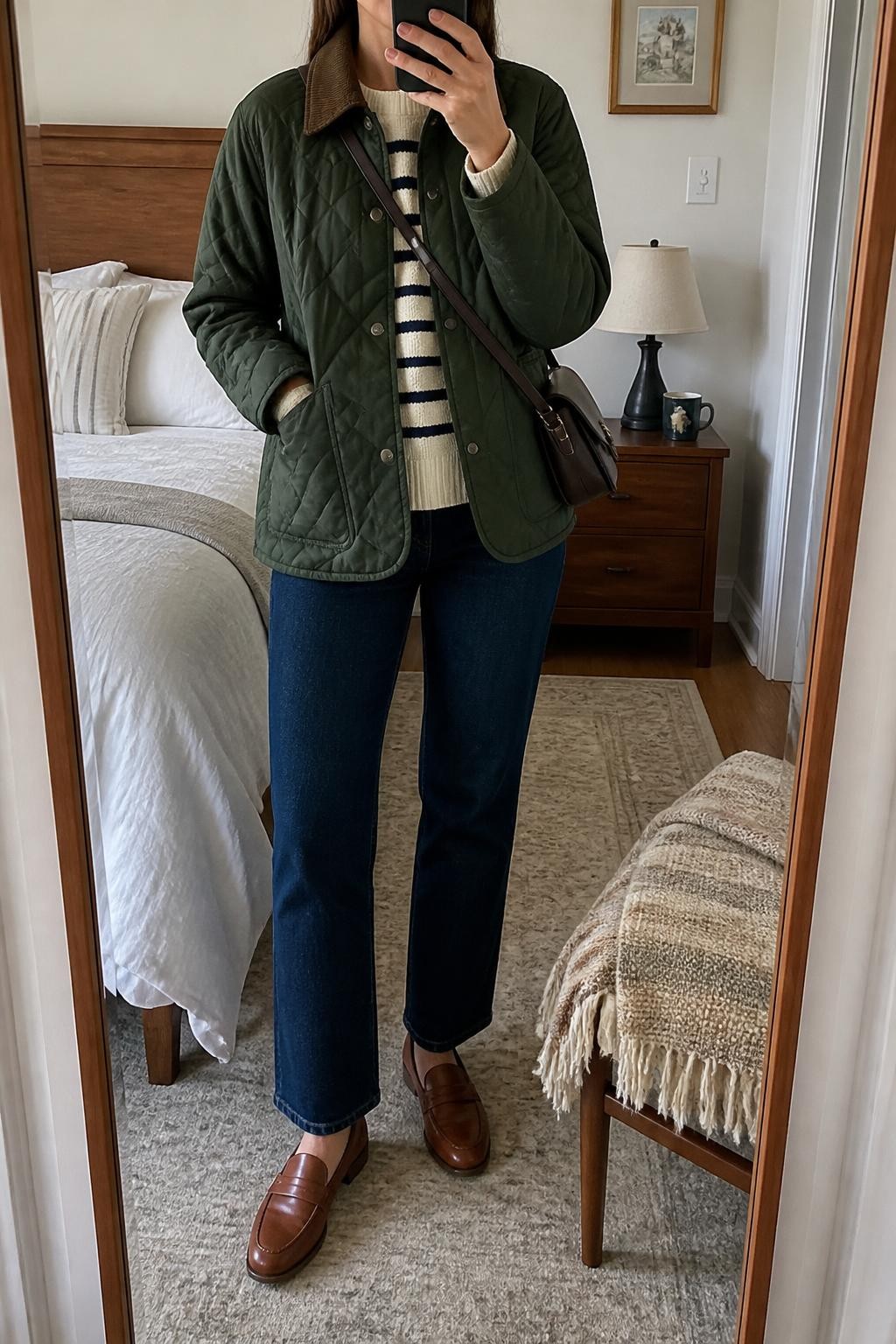 Mirror selfie of a woman wearing dark indigo straight-leg jeans, a cream and navy striped knit sweater, a forest-green quilted barn jacket with a brown corduroy collar, cognac leather loafers, and a dark brown crossbody bag, clearly showing the exact clothing items, colors, fabrics, and accessories listed, holding a phone in front of a cozy bedroom mirror setup, cropped at the neck so the face does not show, relaxed casual selfie pose, natural window light, a coffee mug on a bedside table and a folded blanket on a chair, realistic lived-in setting, latest iPhone photo quality.