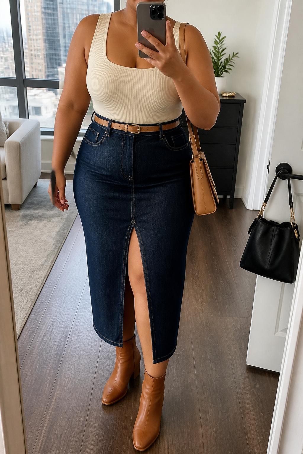 Mirror selfie of a plus size woman wearing a dark indigo high-waisted denim midi skirt with a front slit, a fitted cream ribbed square-neck bodysuit, tan leather ankle boots with low block heels, a slim camel leather belt, and a structured camel shoulder bag, clearly showing the exact clothing items, dark denim wash, cream ribbed fabric, colors, footwear, belt, and accessories listed, holding a phone in front of a mirror, cropped at the neck so the face does not show, relaxed polished selfie pose, in a stylish city apartment with natural window light, a small plant on a dresser and a handbag hanging on a door handle, natural unstaged appearance, latest iPhone photo quality.