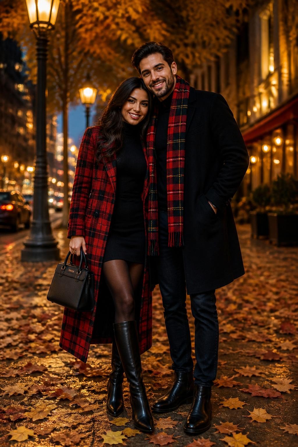 Bold fall couples photoshoot of a woman wearing a black fitted sweater dress, red plaid long coat, black knee-high boots, sheer tights, and a black structured handbag, standing beside her partner wearing a black wool coat, red plaid scarf, black sweater, dark jeans, and black boots, on a leaf-covered sidewalk near a streetlamp, warm evening lighting, DSLR photo quality, romantic city pose, beautiful faces visible.