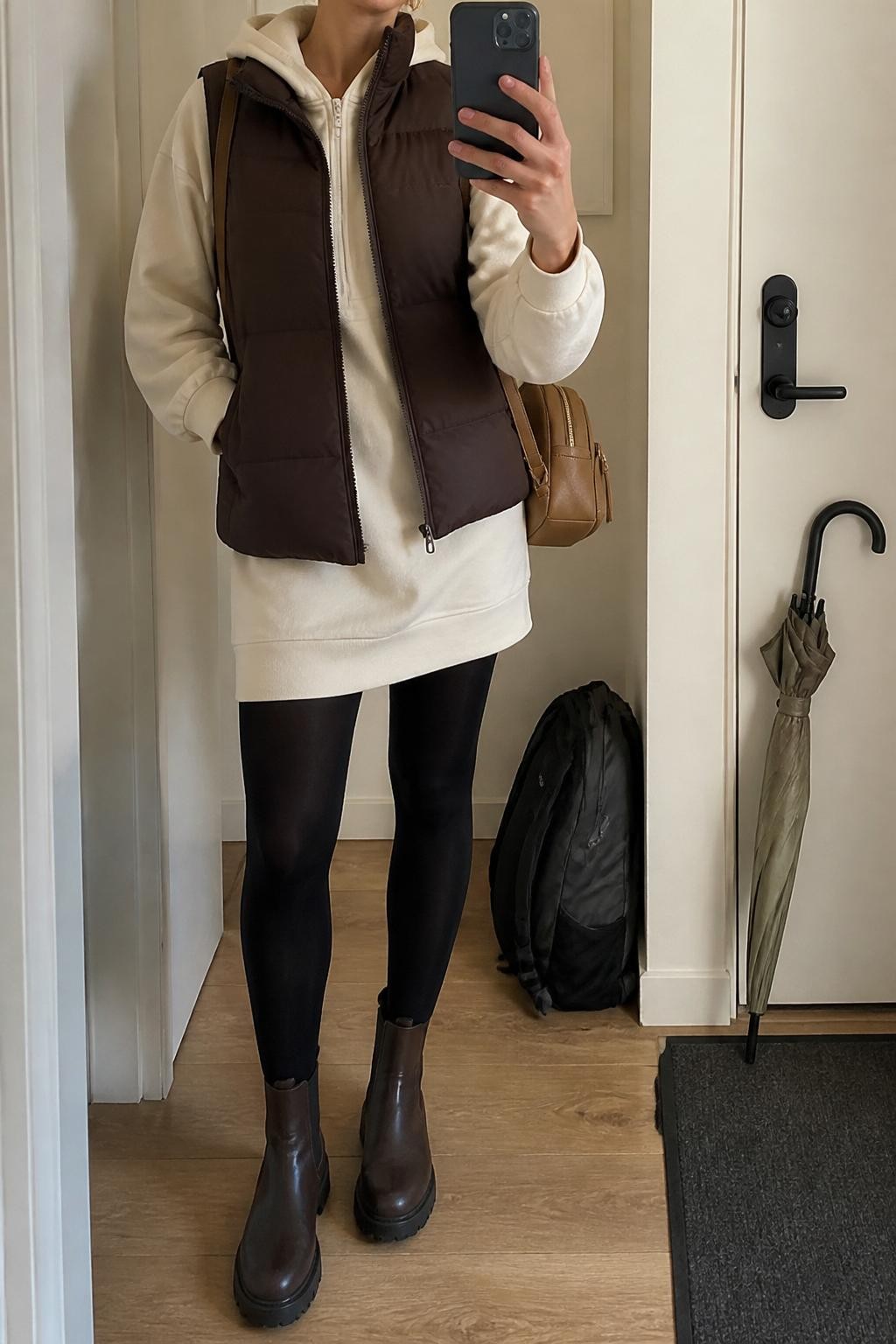 mirror selfie of a woman wearing the exact outfit described above, clearly showing a chocolate brown water-resistant puffer vest layered over a cream hoodie mini dress, black opaque tights, dark brown waterproof Chelsea boots, a tan mini backpack purse, and small gold huggie earrings, holding a phone in front of a mirror, cropped at NECK so the face does not show, with a relaxed casual selfie pose, in a casual apartment mirror, cloudy daylight, with a backpack leaning against the wall and a damp umbrella near the door, latest iPhone photo quality.