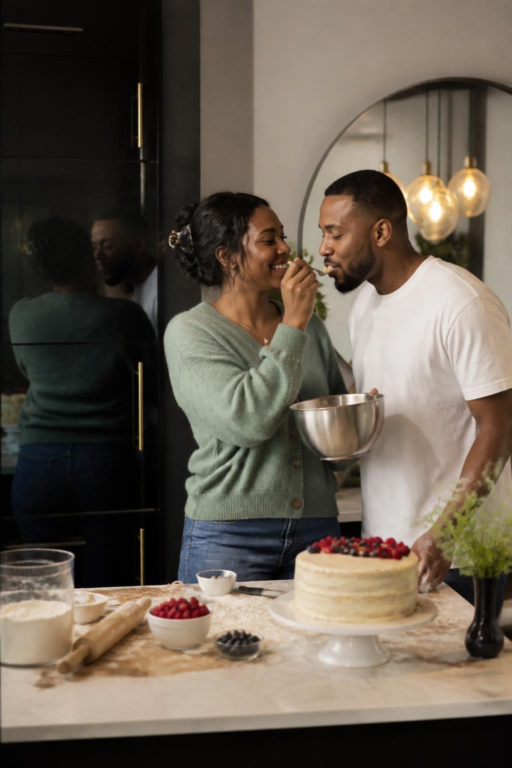 Image prompt: A romantic couple photo reflected in a shiny dark kitchen cabinet glass and nearby wall mirror, featuring an adult Black woman with rich brown skin wearing a soft green cardigan and jeans, standing at a kitchen island with her partner in a white tee, both smiling as she offers him a small spoon taste from a mixing bowl, their reflection visible in the mirror behind the counter, flour dust on the island, fresh berries, a half-frosted cake, warm pendant lights, realistic kitchen mess, natural laugh, cozy date-at-home mood, DSLR photo with soft depth of field, modern romantic styling, no direct camera stare.