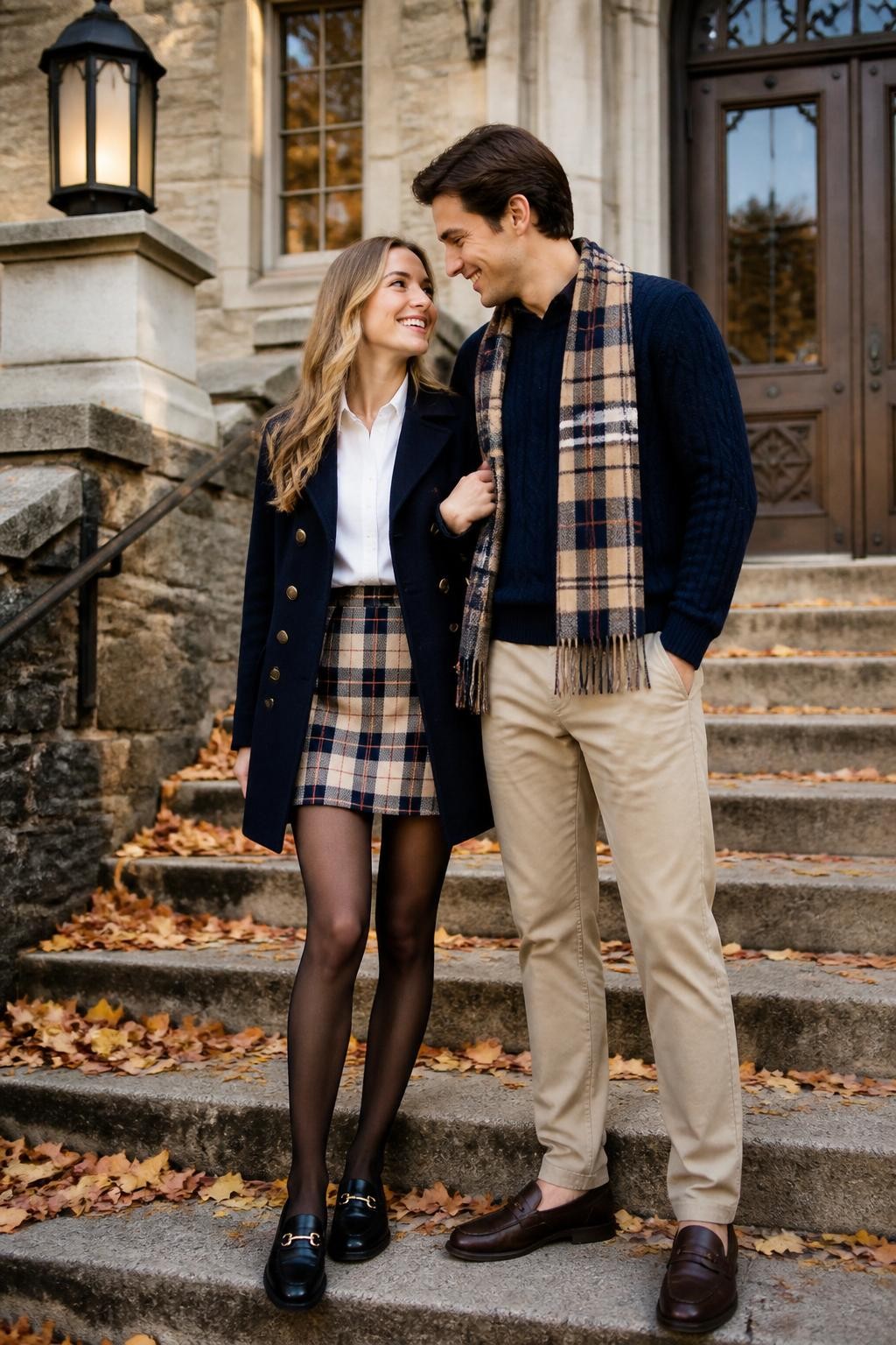 Preppy fall couples photoshoot of a woman wearing a beige plaid mini skirt, white blouse, navy wool coat, sheer black tights, and black loafers, standing beside her partner wearing a navy cable knit sweater, beige chinos, brown loafers, and a plaid scarf that matches her skirt colors, outside a university-style stone building with fall leaves on the steps, soft afternoon light, DSLR photo quality, polished playful pose, beautiful faces visible.