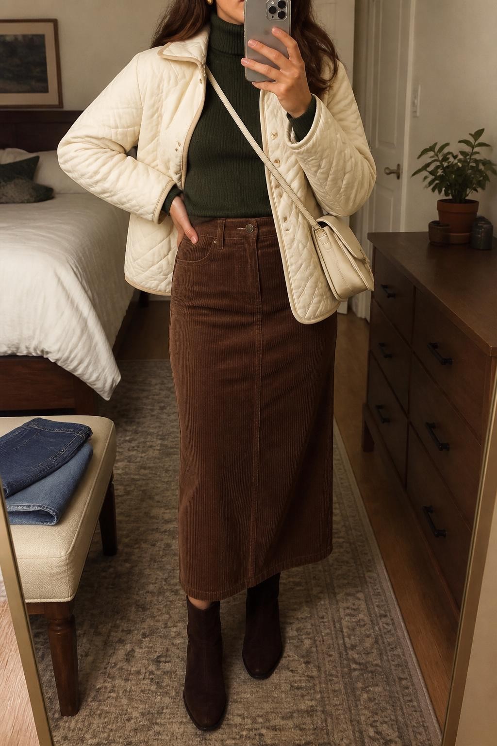 Mirror selfie of a woman wearing a cream quilted jacket over a fitted forest green turtleneck, clearly showing a brown corduroy midi skirt, dark brown suede ankle boots, a small cream crossbody bag, and delicate gold stud earrings, holding an iPhone in front of a cozy bedroom mirror setup, cropped at the neck so the face does not show, relaxed casual selfie pose, warm moody lighting, folded denim jeans on a bench and a small plant on a dresser, natural unstaged setting, latest iPhone photo quality.