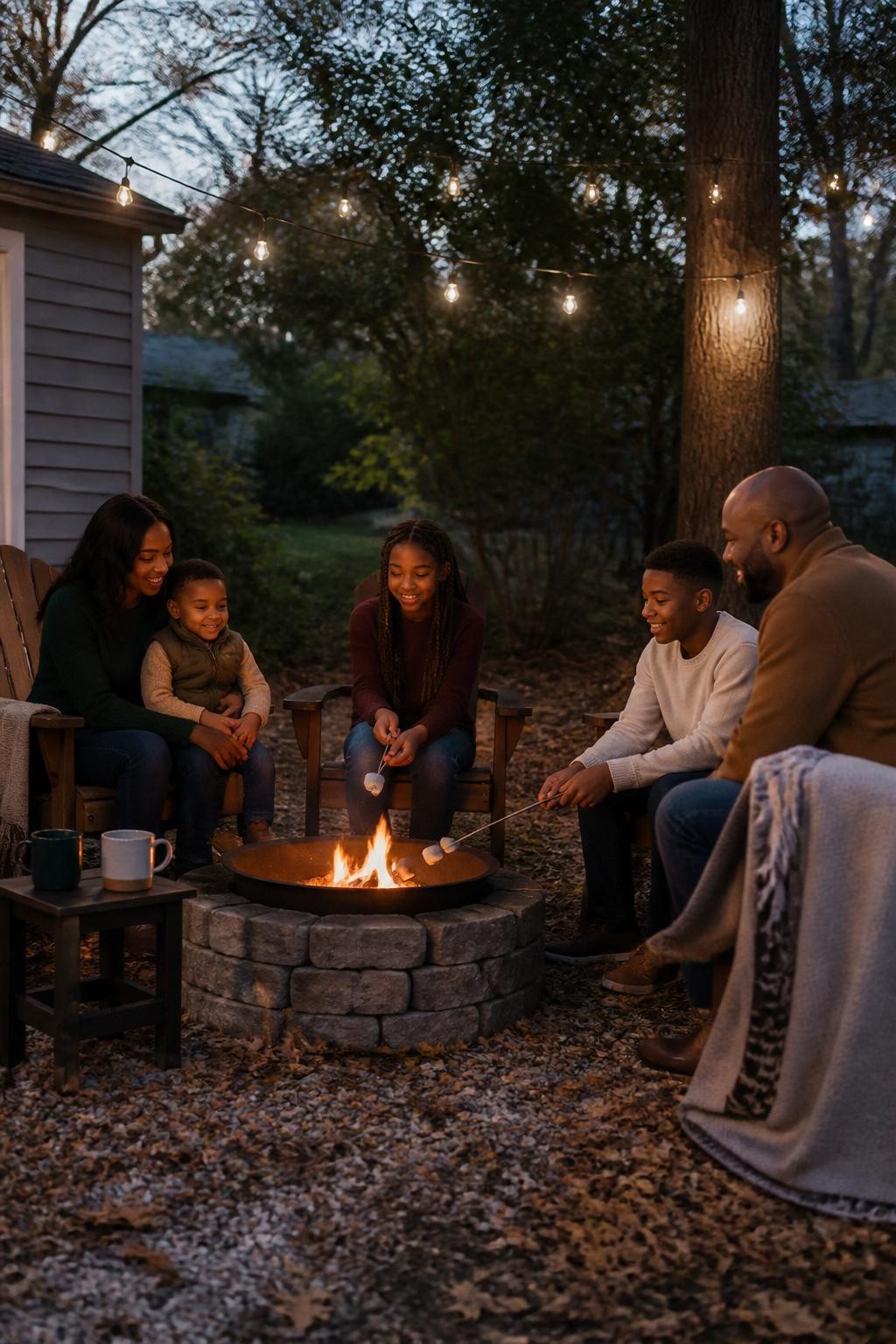 Image Prompt: A Black family of five seated in a loose circle around a small controlled backyard fire pit at early dusk, two parents with three children aged five to fifteen, the youngest child sitting safely beside a parent while the older children hold long roasting sticks with marshmallows at a careful distance from the flame, outfits in dark green, burgundy, cream, brown, and denim, wool blankets draped naturally across two chairs, mugs placed on a small side table away from the fire, trees and fallen leaves visible behind them, photographed with a DSLR 50mm lens using realistic mixed firelight and cool evening light, accurate shadows, natural family expressions, subtle low-light grain, no large flames, no unsafe child placement.