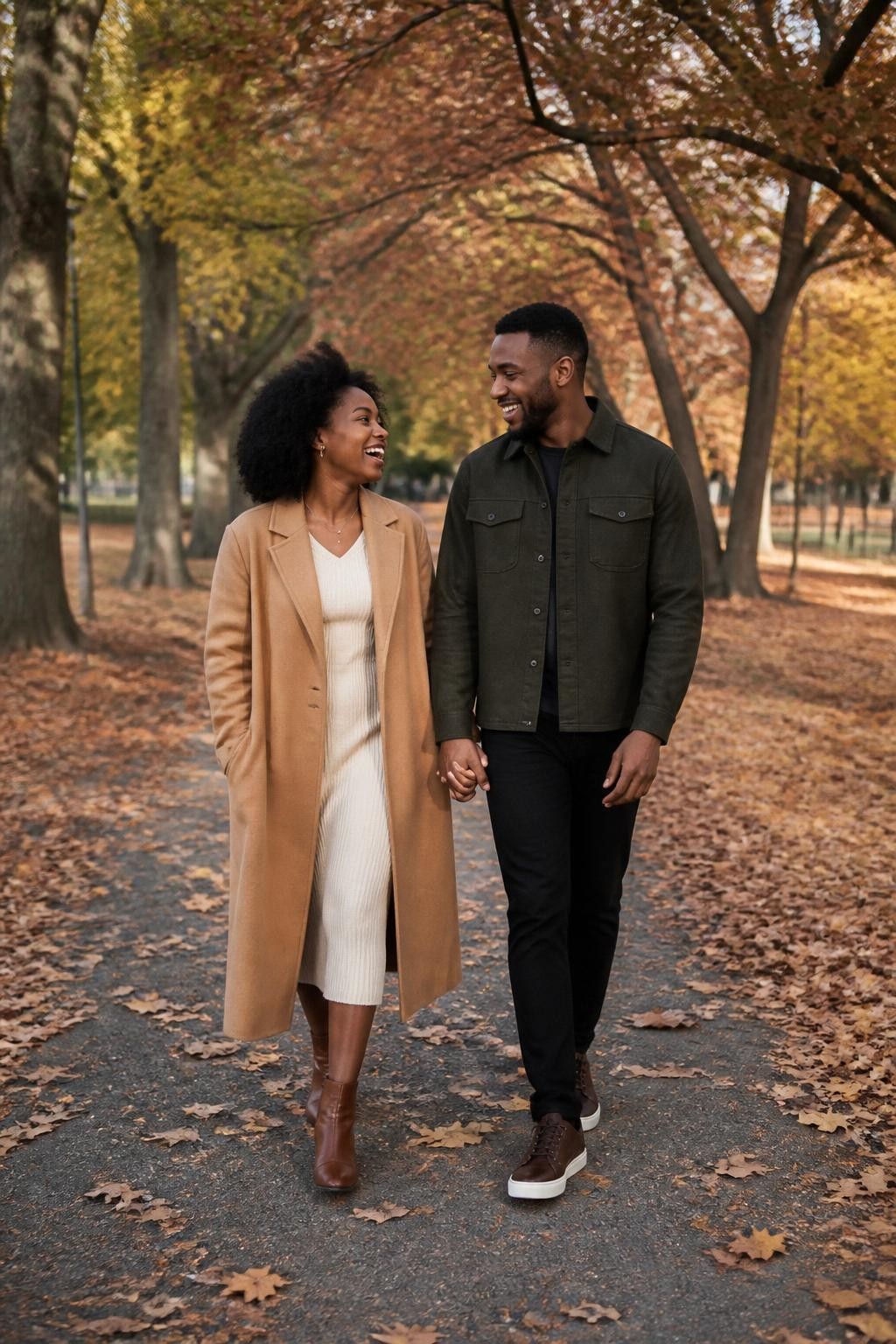 Image Prompt: A stylish young Black couple walking slowly toward the camera along a quiet tree-lined park path covered with scattered copper, rust, and golden leaves, the woman wearing a camel wool coat over a cream knit dress with brown ankle boots, the man wearing a dark olive overshirt, black trousers, and clean leather sneakers, their inside hands gently linked while their free arms swing naturally, both looking at each other and laughing softly instead of looking directly into the camera, photographed at eye level from several feet away with a full-frame DSLR, 50mm lens, soft late-afternoon sunlight filtering through real autumn branches, slightly blurred background, realistic skin texture, natural clothing folds, subtle wind movement, candid editorial photography, no artificial glow, no overly perfect leaves.