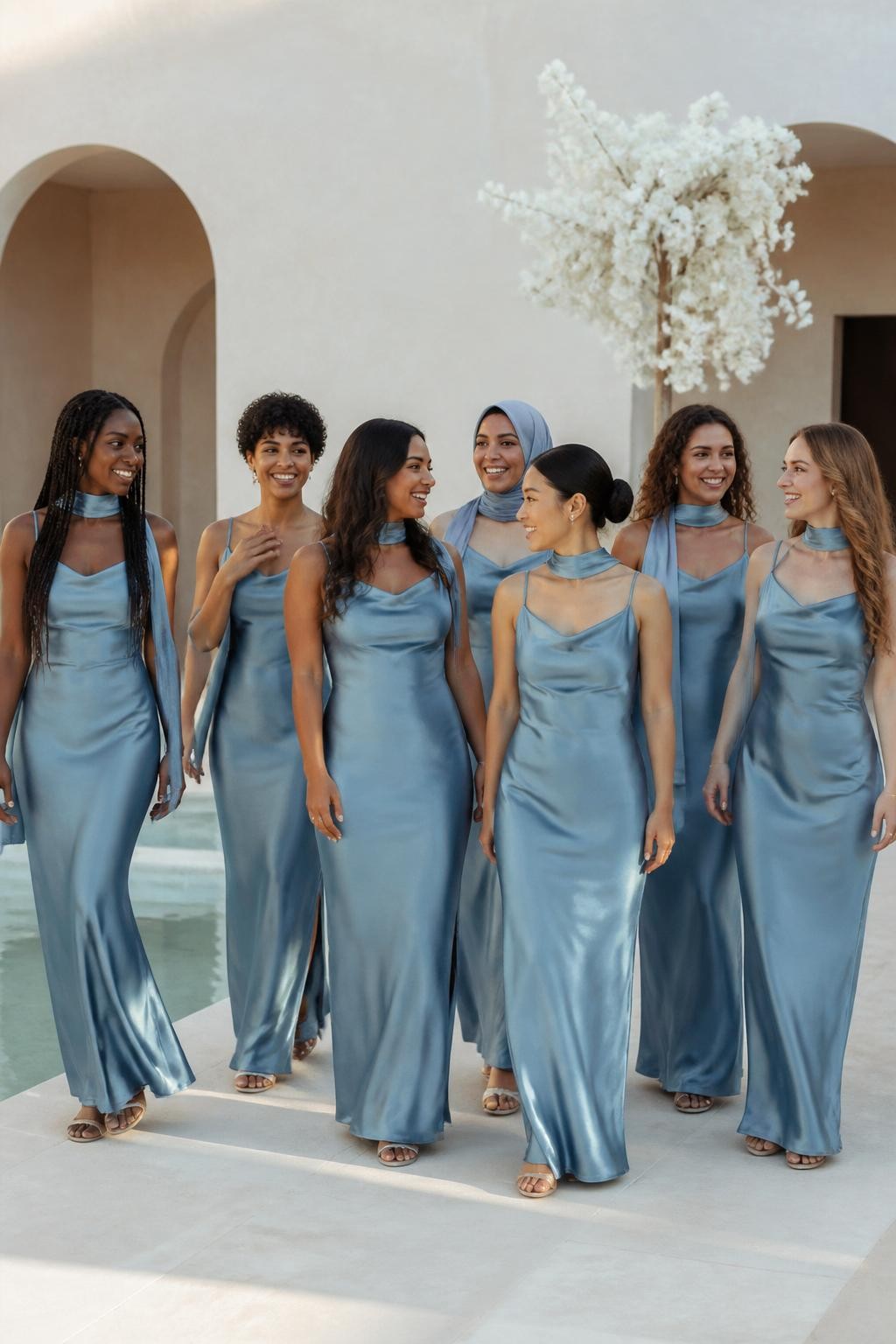 Realistic modern wedding photograph of seven bridesmaids wearing dusty blue satin slip dresses with matching narrow chiffon scarves styled loosely around the neck, tied at the back, or draped over one shoulder, women with very deep brown, dark brown, cinnamon, golden tan, olive, East Asian light beige, and fair skin tones, petite, tall, slim, curvy, and plus-size figures shown naturally, bright relaxed faces, soft dewy makeup, hairstyles including long braids, short textured hair, smooth hijab styling, a curly bob, polished bun, and loose waves, standing in a minimalist cream courtyard with a reflecting pool, sculptural white flowers, pale stone flooring, and late-afternoon sunlight, natural satin ripples, slightly windblown scarves, candid conversational poses, sophisticated DSLR fashion photography.