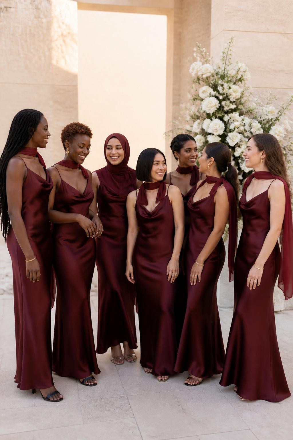 Realistic editorial wedding photograph of seven bridesmaids wearing bias-cut black-cherry maroon satin slip dresses with matching narrow chiffon scarves, each scarf styled differently by wrapping loosely around the neck, tying at the back, draping over one shoulder, or allowing both ends to fall down the back, women with deep ebony, reddish brown, medium golden, South Asian olive, East Asian beige, warm tan, and fair rosy skin tones, petite, tall, slim, curvy, and plus-size figures shown naturally, bright relaxed faces with distinct facial features, realistic pores and genuine smiles, hairstyles including long locs, cropped coils, softly wrapped hijab styling, sleek bob, braided bun, glossy ponytail, and loose waves, standing in a minimalist cream courtyard with sculptural white flowers, pale stone walls, and warm late-afternoon sunlight, natural satin ripples, lightly windblown scarves, and candid conversational poses.