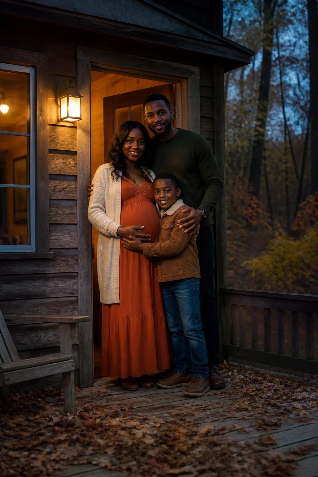 Image Prompt: A pregnant Black woman standing in the doorway of a modest wooden cabin with her partner and young son, the mother wearing a long burnt-orange maternity dress under a cream cardigan, the partner wearing a dark green sweater with black jeans, and the child wearing a brown corduroy jacket and denim, the child hugging the mother carefully around the side of her waist while the partner stands behind them with one arm around both, warm indoor lamp light glowing from the cabin and cool blue evening light across the autumn trees outside, fallen leaves gathered on the porch, photographed with a DSLR 50mm lens from several feet away, realistic dark skin tones, natural family expressions, accurate mixed lighting, authentic cabin details, no luxury lodge styling, no excessive porch decorations.
