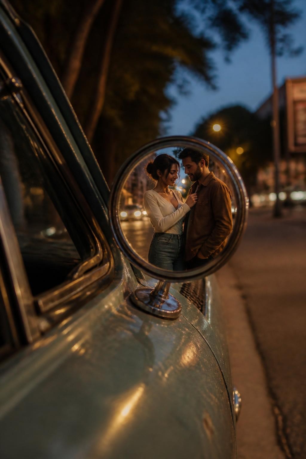 Image prompt: A creative romantic couple photo using the side mirror of a parked vintage car, featuring an adult couple with neutral skin tones dressed in soft date-night outfits, the woman wearing a cream wrap top and wide-leg denim, the partner in a brown jacket, both visible through the small round side mirror reflection while standing close beside the car, one person adjusting the other’s collar, the other smiling down, warm streetlight glow, quiet evening road, old car paint with slight scratches, blurred city lights in the background, realistic shallow depth of field, cinematic DSLR photo, romantic but natural, no direct camera stare.