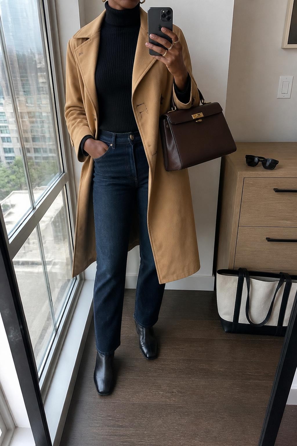 Mirror selfie of a Black woman wearing a camel knee-length trench coat left open over a fitted black ribbed turtleneck and dark indigo straight-leg jeans, clearly showing black leather ankle boots, a structured chocolate brown handbag, and small gold hoop earrings, holding an iPhone in front of a stylish city apartment mirror, cropped at the neck so the face does not show, relaxed casual selfie pose, natural window light, a tote bag resting on the floor and sunglasses placed on a dresser, natural unstaged setting, latest iPhone photo quality.