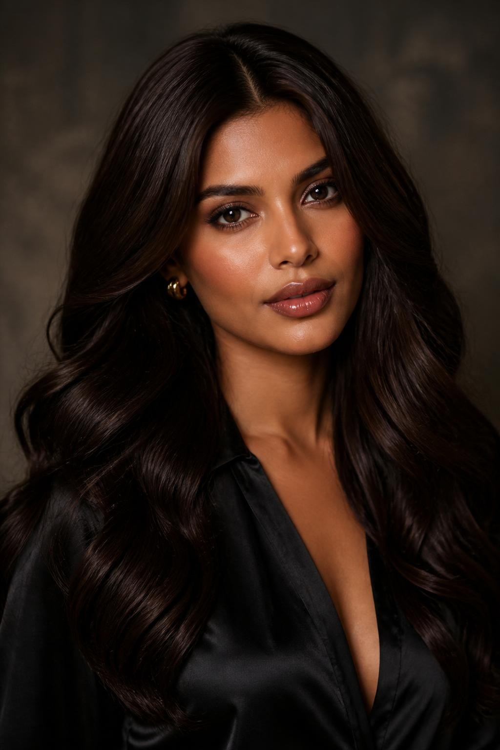 Image Prompt: A stylish woman with long fudge brownie hair, deep glossy brown shade with soft neutral undertones, smooth flowing waves, center part, warm medium-deep skin tone, soft glam makeup, glossy lips, gold studs, black satin blouse, moody studio background, soft warm lighting, realistic DSLR beauty editorial portrait, detailed dark fudge brown shine and smooth texture, no text, (no watermarks on images)