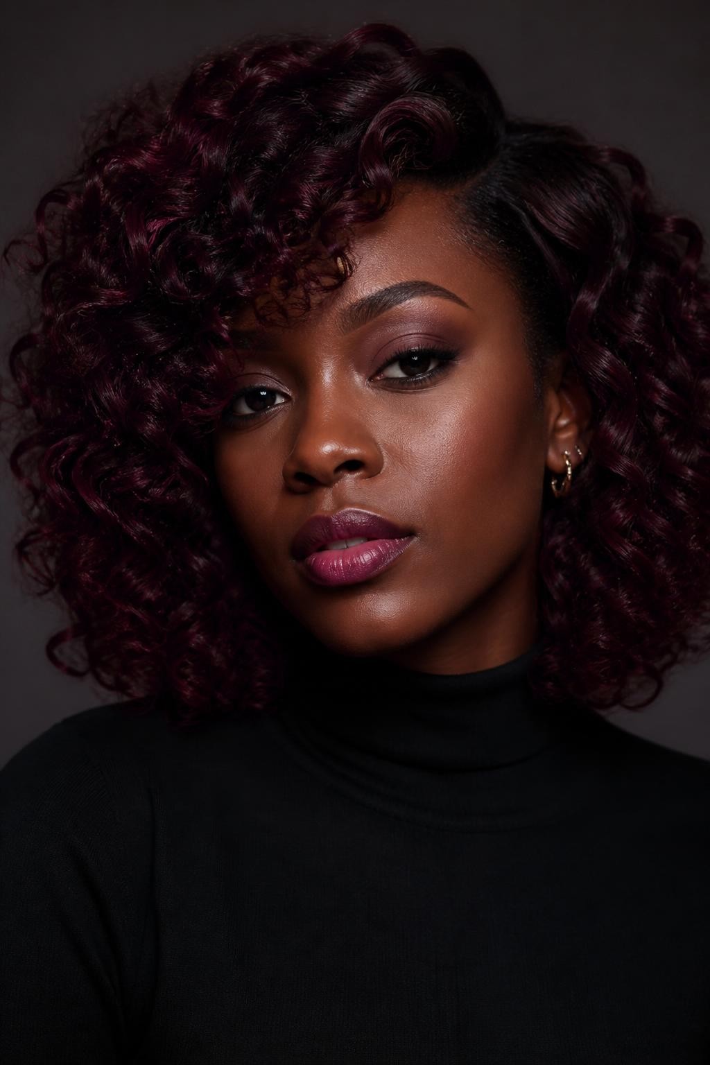 Image Prompt: A beautiful Black woman with shoulder-length dark plum curls, deep purple-red hair color with dark roots, defined curls with shine, rich dark brown skin, soft berry makeup, small gold earrings, black turtleneck, clean studio background, soft moody lighting, close-up realistic beauty editorial photo, detailed curl definition and color depth, no text, (no watermarks on images)