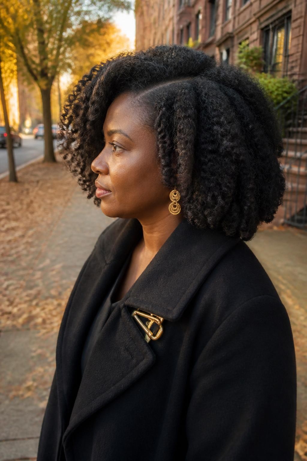 Image prompt: Photo of a Black woman wearing a full natural twist-out with defined fluffy curls and a deep side part, side profile view, softly blurred city street background with fallen leaves, golden hour glow, containing small gold statement earrings peeking through her curls and a hair clip attached to her coat collar, realistic candid fall moment, latest iPhone photo quality.