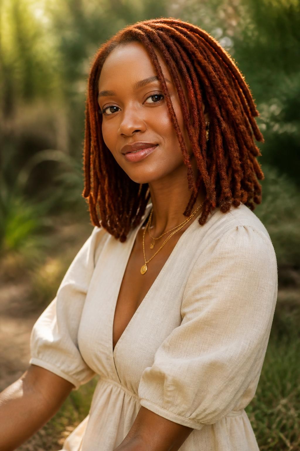 Image Prompt: A stunning woman with shoulder-length soft auburn locs, neatly maintained loc texture, warm reddish-brown color with gentle copper shine, a few locs framing the face, deep brown skin, natural glowing makeup, layered gold necklaces, cream linen dress, outdoor natural setting with softly blurred greenery, warm sunlight, realistic lifestyle editorial portrait, detailed loc texture and auburn color, no text, (no watermarks on images)