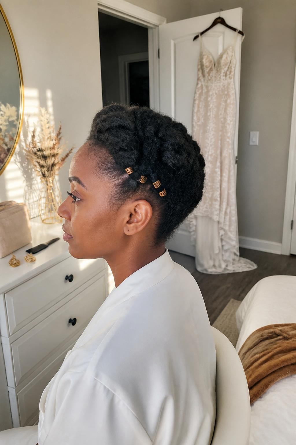Image prompt: Photo of a Black woman wearing a thick natural flat-twist halo with small bronze hair cuffs placed along one side, side profile view, sun-drenched bedroom with a fall wedding dress hanging from an open closet door, natural window light, containing a rat-tail comb on the dresser and statement earrings beside a makeup bag, realistic getting-ready moment, latest iPhone photo quality.