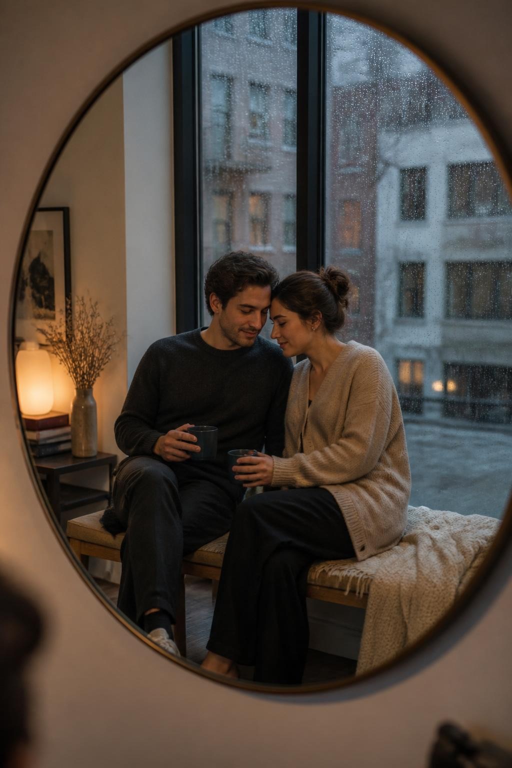 Image prompt: A romantic adult couple reflected in a large round mirror hung opposite a rainy apartment window, one partner with fair skin wearing a charcoal sweater and wide-leg trousers, the other partner with medium skin tone wearing a soft beige cardigan, both sitting close together on a low bench beneath the mirror, shoulders touching, one hand holding a mug while the other person gently rests their head near the partner’s temple, raindrops visible on the window behind them, muted city buildings outside, warm lamp glow, cozy blanket on the bench, realistic mirror reflection with slight blur at the edges, calm indoor romance, natural DSLR photo, modern apartment mood.
