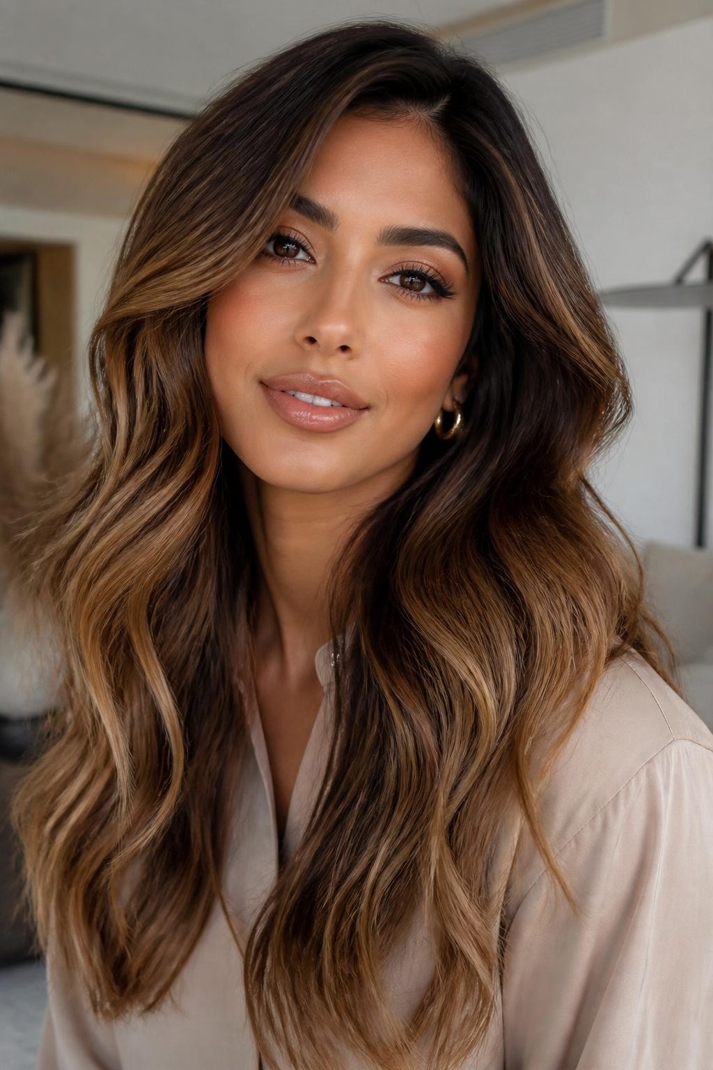 Image Prompt: A stylish woman with long dark brown hair and honey teddy bear balayage, deep brunette roots with hand-painted honey brown and soft caramel pieces through the mid-lengths and ends, loose waves, warm medium skin tone, glowy natural makeup, nude glossy lips, gold earrings, beige blouse, modern indoor background, soft window light, realistic beauty editorial portrait, smooth blended brown color placement, no text, (no watermarks on images)