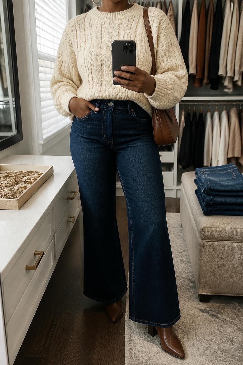 Mirror selfie of a Black woman wearing a cream cable-knit sweater, dark wash high-waisted flare jeans, brown heeled ankle boots, gold hoop earrings, and a tan leather shoulder bag, holding a phone in front of a mirror, cropped at NECK so the face does not show, relaxed casual selfie pose, in a walk-in closet mirror, natural window light, with folded denim jeans on a bench and a jewelry tray on the vanity, latest iPhone photo quality.