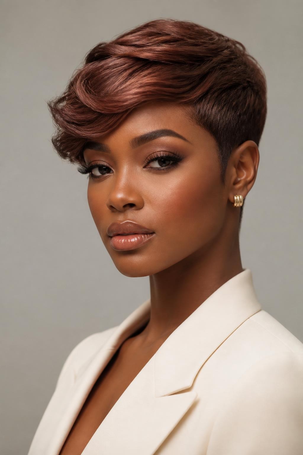 Image Prompt: A chic woman with a short rose brown pixie cut, neatly shaped sides, soft swoop at the front, muted rosy brunette hair color with smooth shine, medium-deep skin tone, defined lashes, glossy nude lip, small gold earrings, tailored cream blazer, clean studio background, sharp beauty editorial photography, realistic DSLR image, no text, (no watermarks on images)