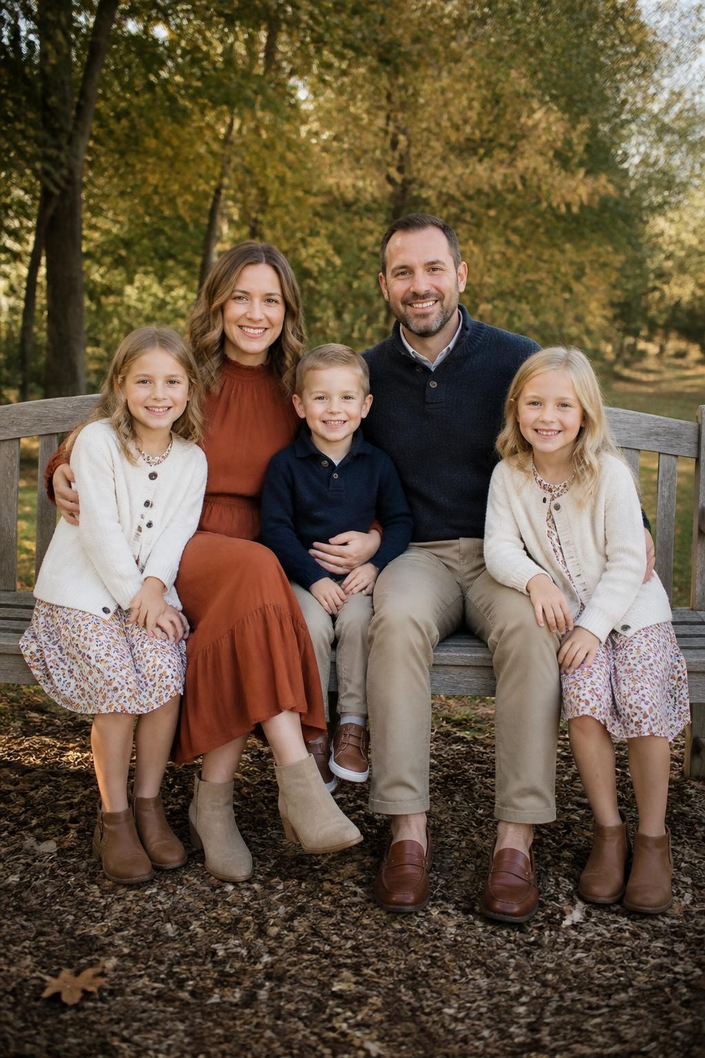 Realistic DSLR fall family photo of a family of five sitting on a wooden bench in a leafy outdoor setting, mom wearing a rust long-sleeve midi dress with tan ankle boots, dad wearing a navy knit sweater with khaki chinos and brown loafers, two girls wearing cream cardigans over floral fall dresses, little boy wearing a navy sweater with tan pants and brown shoes, soft natural light, warm fall trees behind them, natural family posing.