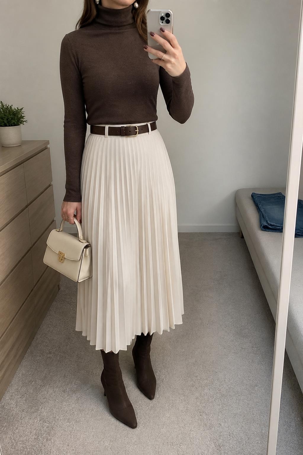 mirror selfie of a woman wearing the exact outfit described above, clearly showing dark brown sock boots with a slim heel, a cream pleated midi skirt, a mocha fitted turtleneck, a dark brown leather belt, a cream top-handle bag, and pearl earrings, holding a phone in front of a mirror, cropped at NECK so the face does not show, with a relaxed casual selfie pose, in a minimal dressing room, soft indoor lighting, with folded denim jeans on a bench and a small plant on a dresser, latest iPhone photo quality.