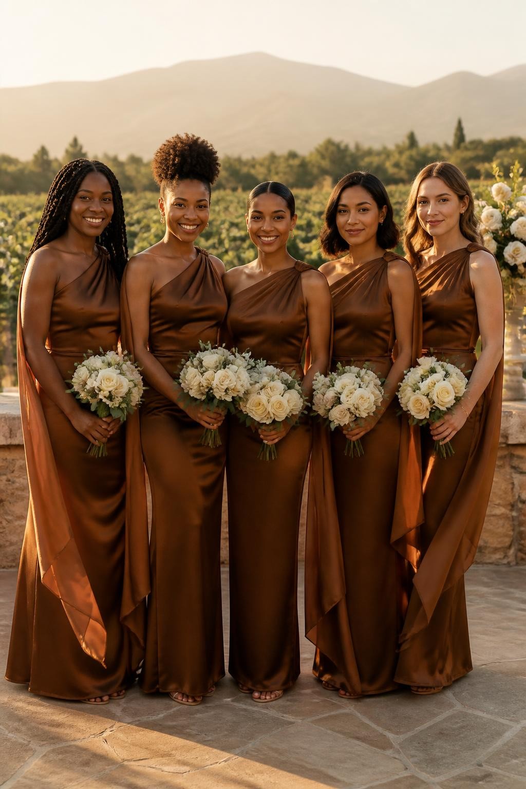 Realistic golden-hour wedding photograph of five bridesmaids wearing bronze brown satin one-shoulder gowns with softly pleated necklines and long narrow fabric sashes falling from the shoulder, women with rich dark, reddish brown, medium brown, golden olive, and fair peach skin tones, varied heights and body shapes, bright confident faces, realistic pores and warm makeup, hairstyles including long twists, a high curly puff, sleek bun, polished bob, and loose waves, standing along a vineyard terrace with pale stone walls, green vines, cream flowers, and distant hills, gentle wind moving the shoulder sashes and skirts, warm sunlight creating natural reflections and small fabric ripples, cinematic DSLR wedding photography.