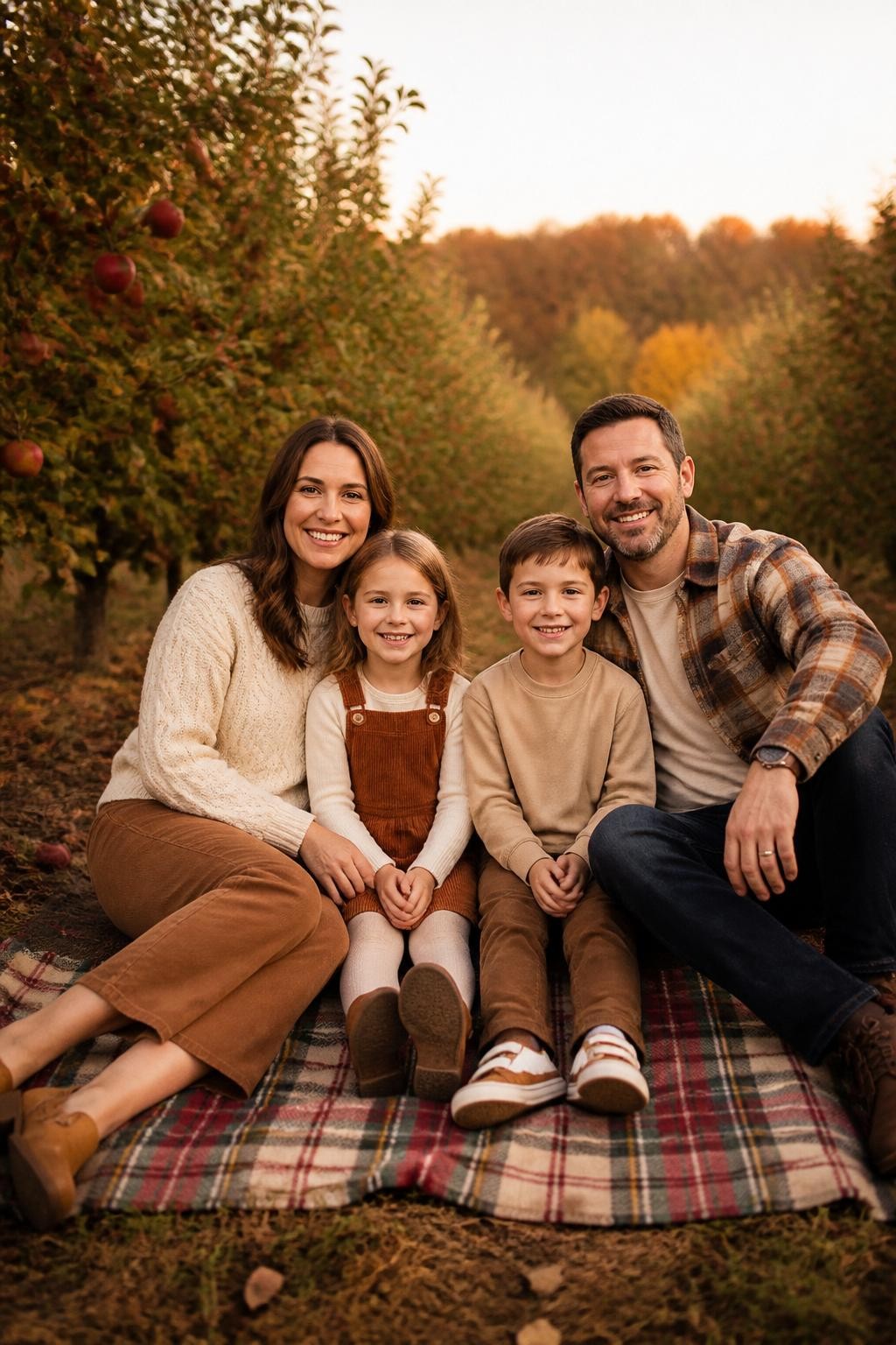 Realistic DSLR fall family portrait of a family of four sitting on a plaid blanket in an apple orchard, mom wearing a cream cable-knit sweater with brown corduroy pants and tan clogs, dad wearing a beige tee under a brown plaid overshirt with dark jeans and boots, daughter wearing a rust corduroy pinafore over a cream top, son wearing a tan sweatshirt with brown pants and sneakers, soft golden hour light, apples and fall trees in the background.