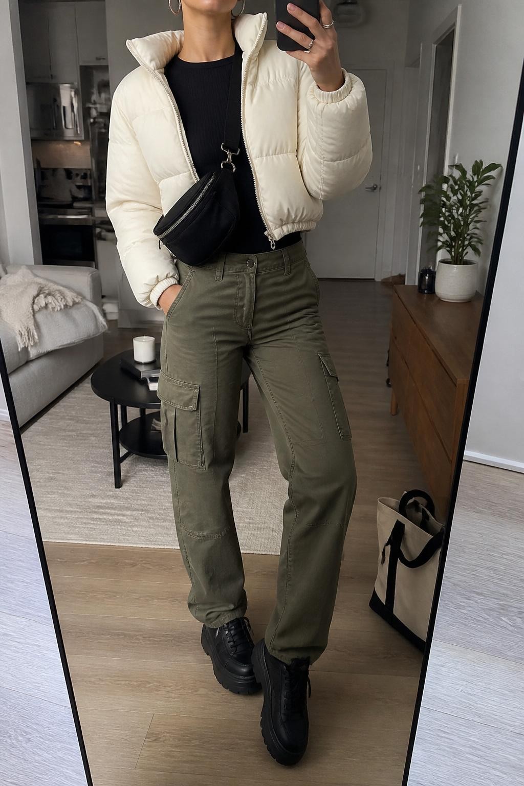 mirror selfie of a woman wearing the exact outfit described above, clearly showing olive cargo jeans, a fitted black thermal top, a cropped cream puffer jacket, black platform sneakers, a black belt bag worn crossbody, and silver hoop earrings, holding a phone in front of a mirror, cropped at NECK so the face does not show, with a relaxed casual selfie pose, in a stylish city apartment, soft indoor lighting, with a tote bag resting on the floor and a small plant on a dresser, latest iPhone photo quality.