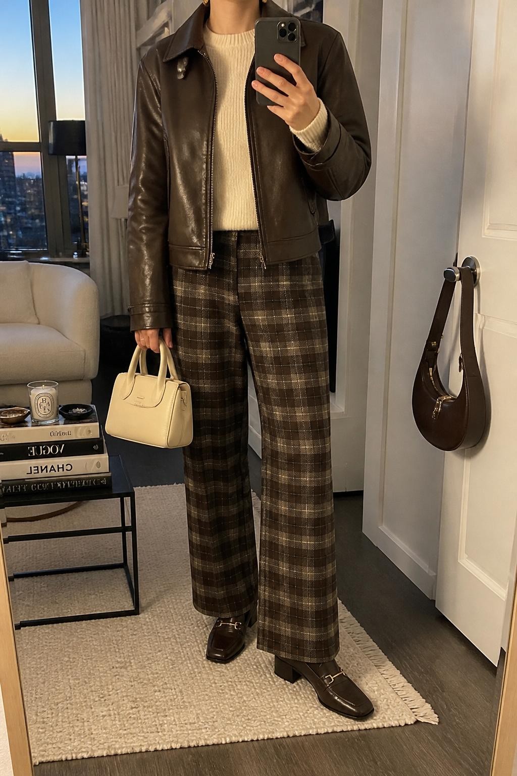 Mirror selfie of a woman wearing an espresso brown leather jacket, cream fine-knit sweater, brown and cream plaid wide-leg pants, brown heeled loafers, gold stud earrings, and a cream mini tote bag, holding a phone in front of a mirror, cropped at NECK so the face does not show, relaxed casual selfie pose, in a stylish city apartment, evening golden hour, with a stack of fashion magazines on a side table and a handbag hanging on a door handle, latest iPhone photo quality.