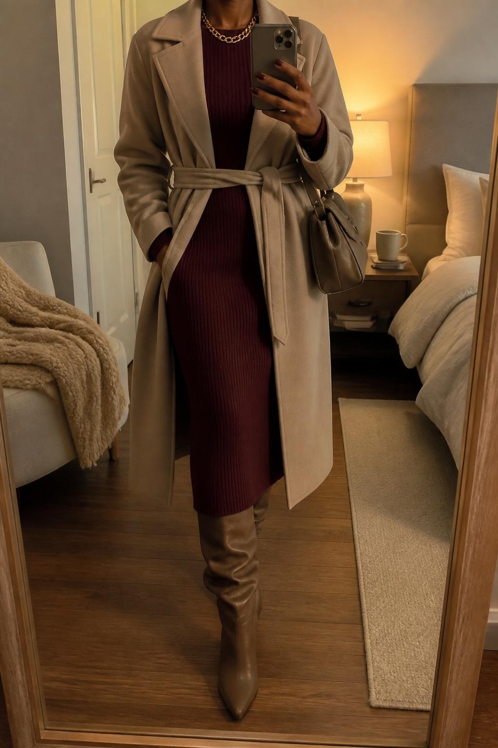 mirror selfie of a Black woman wearing the exact outfit described above, clearly showing taupe-brown slouchy knee-high boots, a burgundy long-sleeve knit midi dress, a beige belted coat, a taupe shoulder bag, and a gold chain necklace, holding a phone in front of a mirror, cropped at NECK so the face does not show, with a relaxed casual selfie pose, in a cozy bedroom mirror setup, evening golden hour, with a folded blanket on a chair and a coffee mug on a bedside table, latest iPhone photo quality.