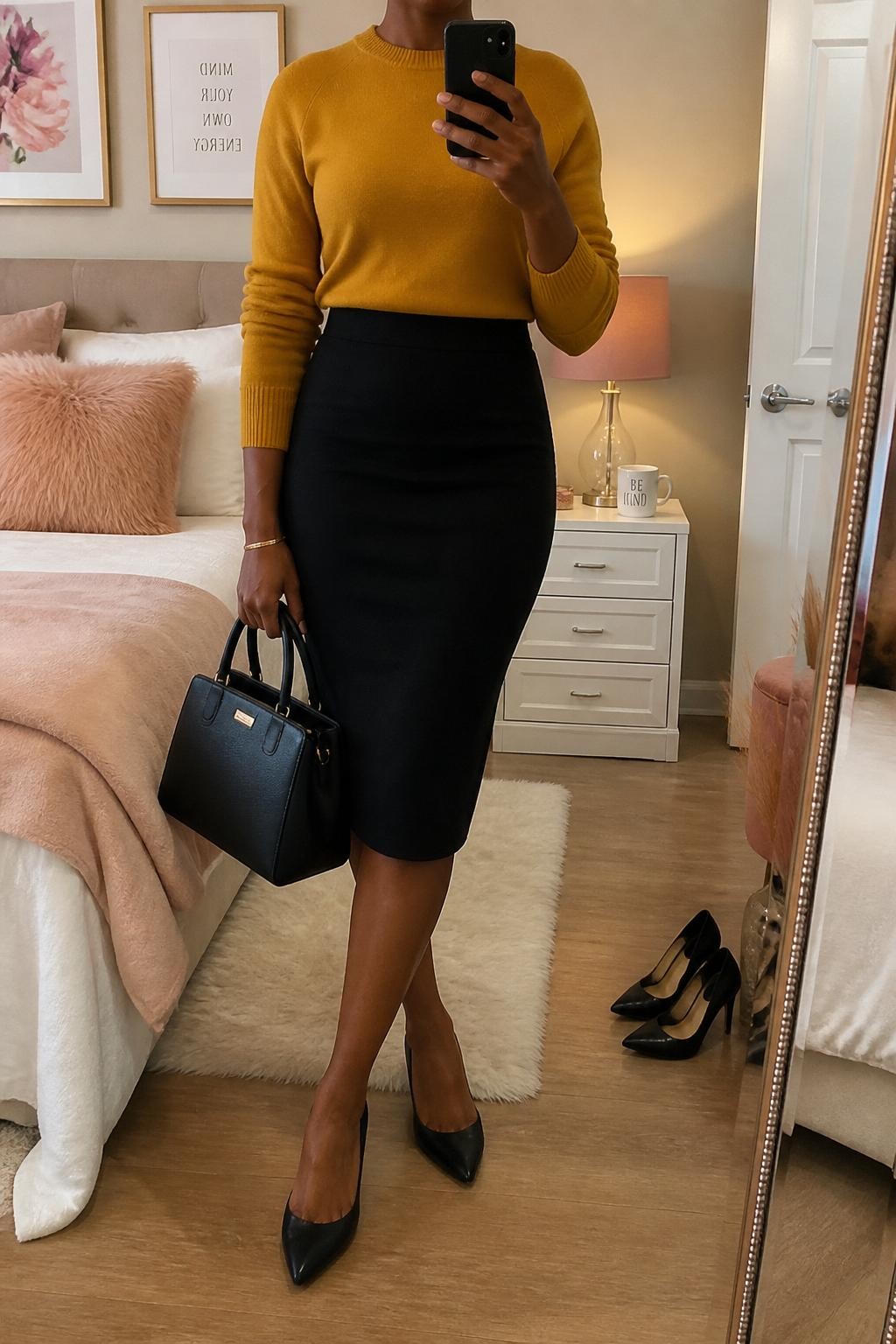 Mirror selfie of a Black woman wearing a mustard crewneck sweater, black stretch pencil skirt, black pointed flats, a slim gold bracelet, and a black structured handbag, cropped at neck so the face does not show, in a feminine-themed bedroom with soft indoor lighting, a coffee mug on a bedside table and a pair of heels on the floor nearby, realistic latest iPhone photo quality.