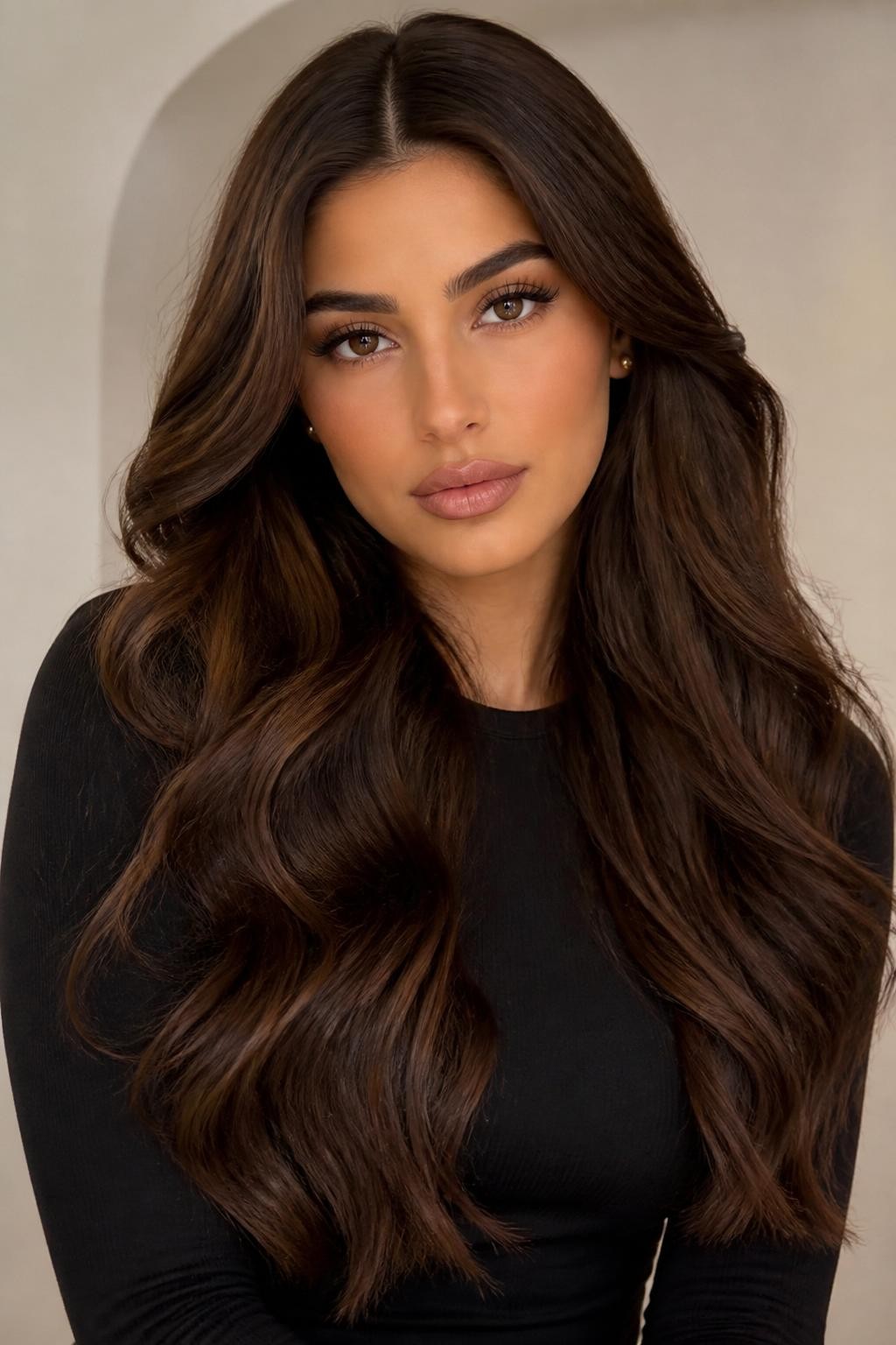 Image Prompt: A stylish woman with long dark teddy bear brown hair, deep warm brown shade with subtle cocoa and caramel undertones, smooth flowing waves, center part, warm olive skin tone, soft matte makeup, nude lips, small gold studs, fitted black top, clean modern studio background, soft warm lighting, realistic DSLR beauty portrait, detailed dark brown shine and soft warm color depth, no text, (no watermarks on images)