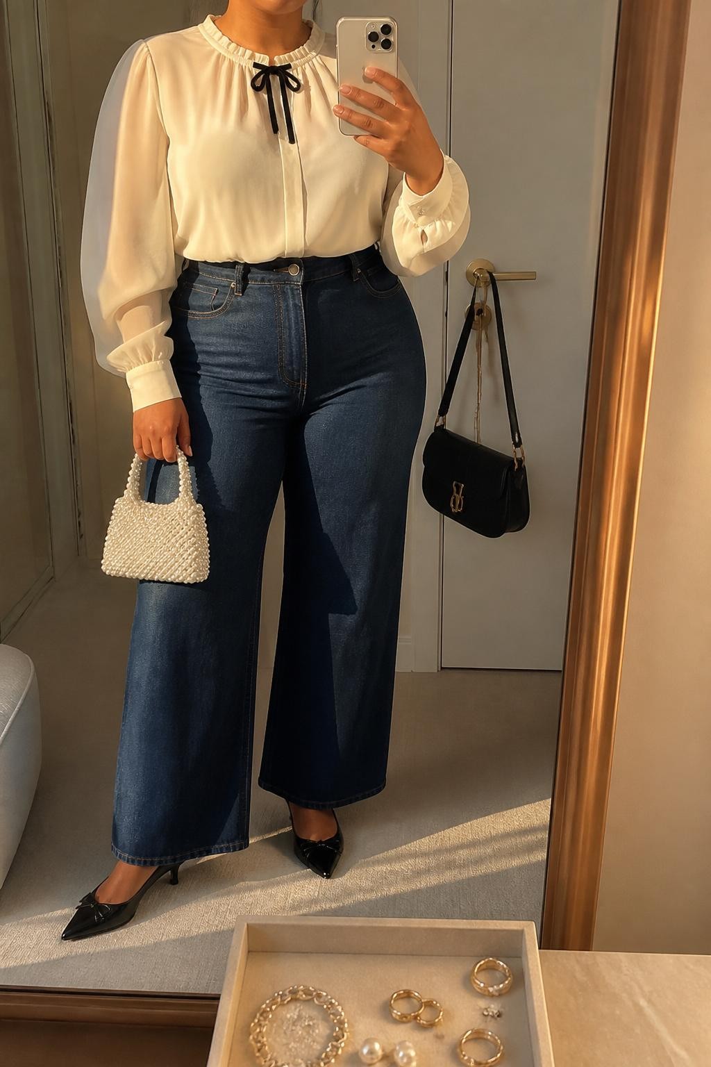 Mirror selfie of a plus size woman wearing dark blue high-waisted wide-leg jeans, an ivory chiffon blouse with long sleeves and a small black velvet bow at the neckline, black pointed kitten heels, a pearl-covered mini handbag, and pearl stud earrings, clearly showing the exact clothing items, dark denim, ivory chiffon, bow detail, footwear, and accessories listed, holding a phone in front of a mirror, cropped at the neck so the face does not appear, relaxed elegant selfie pose, in a minimal dressing room with evening golden-hour lighting, a jewelry tray on the vanity and a handbag hanging on a door handle, realistic polished daytime outfit, latest iPhone photo quality.