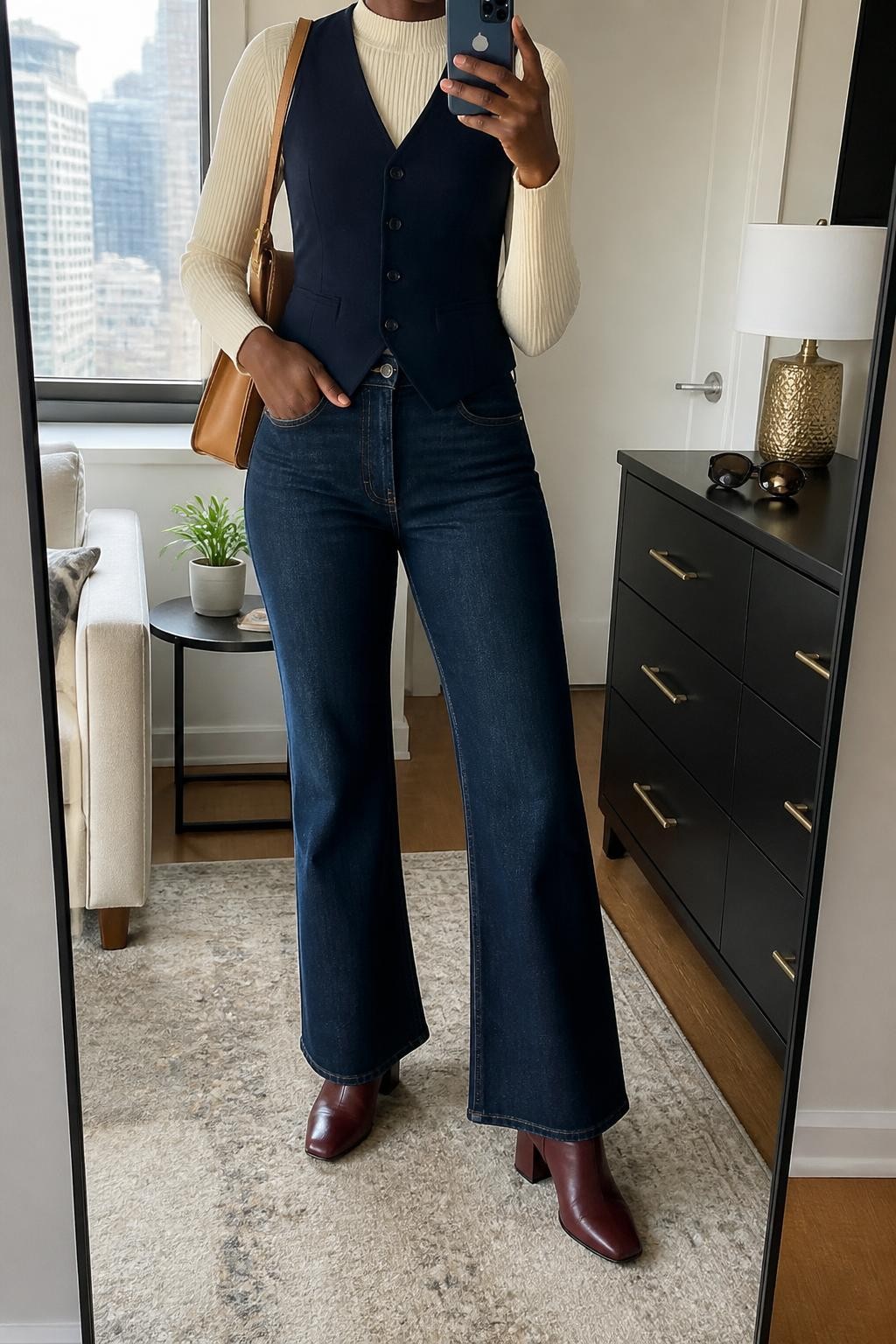 Mirror selfie of a Black woman wearing a fitted navy tailored waistcoat over a cream ribbed mock-neck top, dark blue high-waisted flared jeans, burgundy leather block-heel boots, and a structured camel shoulder bag, clearly showing the exact clothing items, colors, fabrics, and accessories listed, holding a phone in front of a stylish city apartment mirror, cropped at the neck so the face does not show, relaxed confident selfie pose, natural window light, sunglasses placed on a dresser and a small plant on a side table, polished and natural, latest iPhone photo quality.