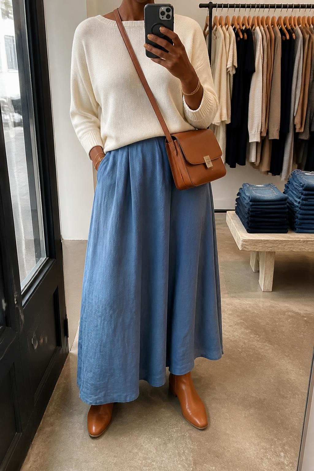 Mirror selfie of a Black woman wearing a relaxed ecru boat-neck sweater, flowing dusty-blue linen-blend maxi skirt, tan leather ankle boots, a structured cognac crossbody bag, and thin gold bangles, clearly showing the exact clothing items, colors, fabrics, and accessories listed, holding a phone in front of a fashion studio mirror corner, cropped at the neck so the face does not show, relaxed casual selfie pose, soft indoor lighting, a clothing rack with garments behind and folded denim jeans on a bench, realistic editorial setting, latest iPhone photo quality.