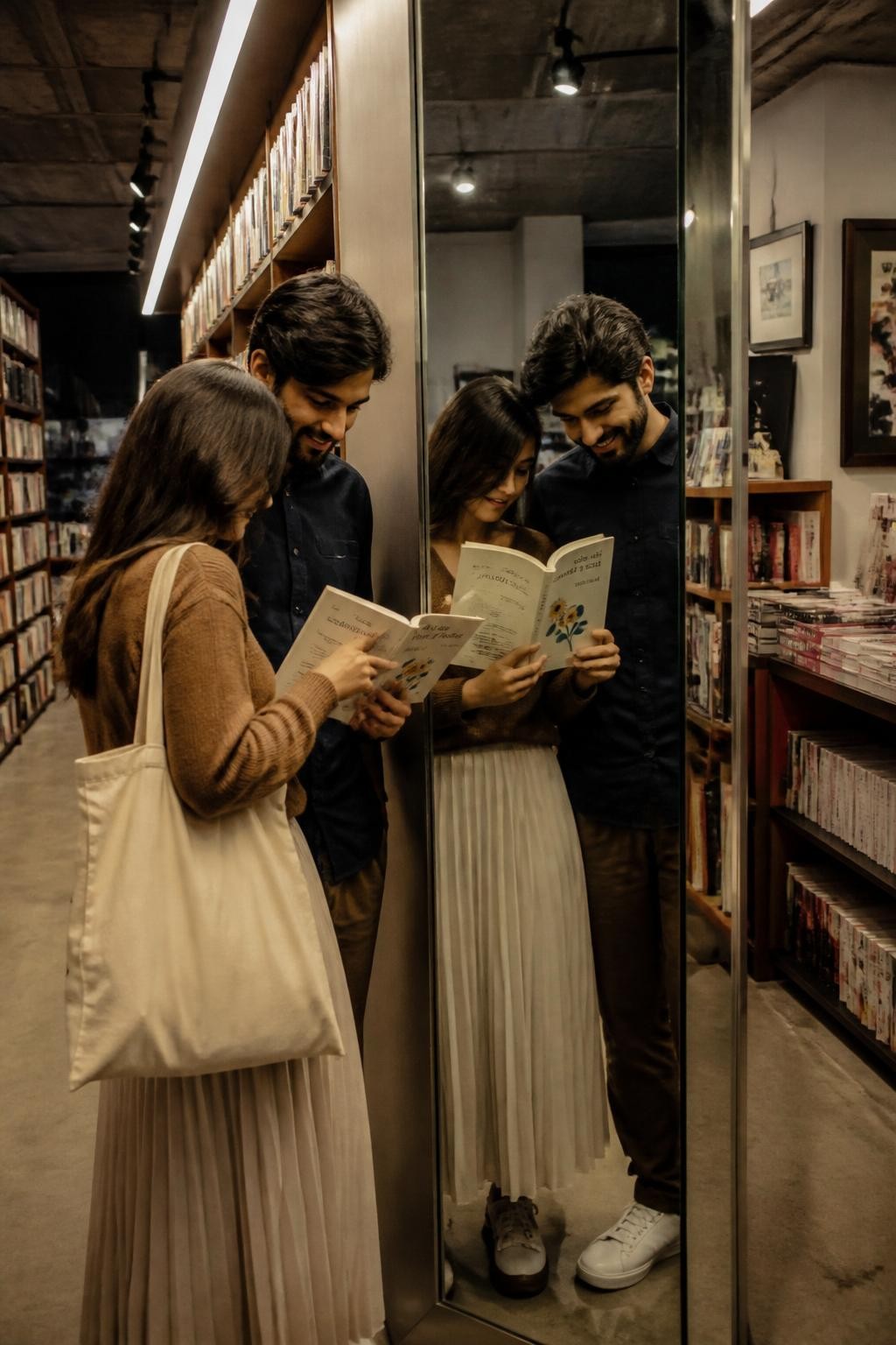Image prompt: A creative romantic couple photo inside a modern bookstore with a mirrored column, featuring an adult couple with medium and fair skin tones, one wearing a soft brown sweater and pleated skirt, the other wearing a navy shirt and relaxed trousers, both reflected in the narrow mirror column between tall shelves of books, standing shoulder to shoulder while reading the same open poetry book, one person’s hand lightly touching the page, the other smiling at the reflection, warm bookstore lighting, stacked books, canvas tote, quiet aisle, realistic reflections and slight mirror edge distortion, cozy romantic editorial photo, DSLR realism.