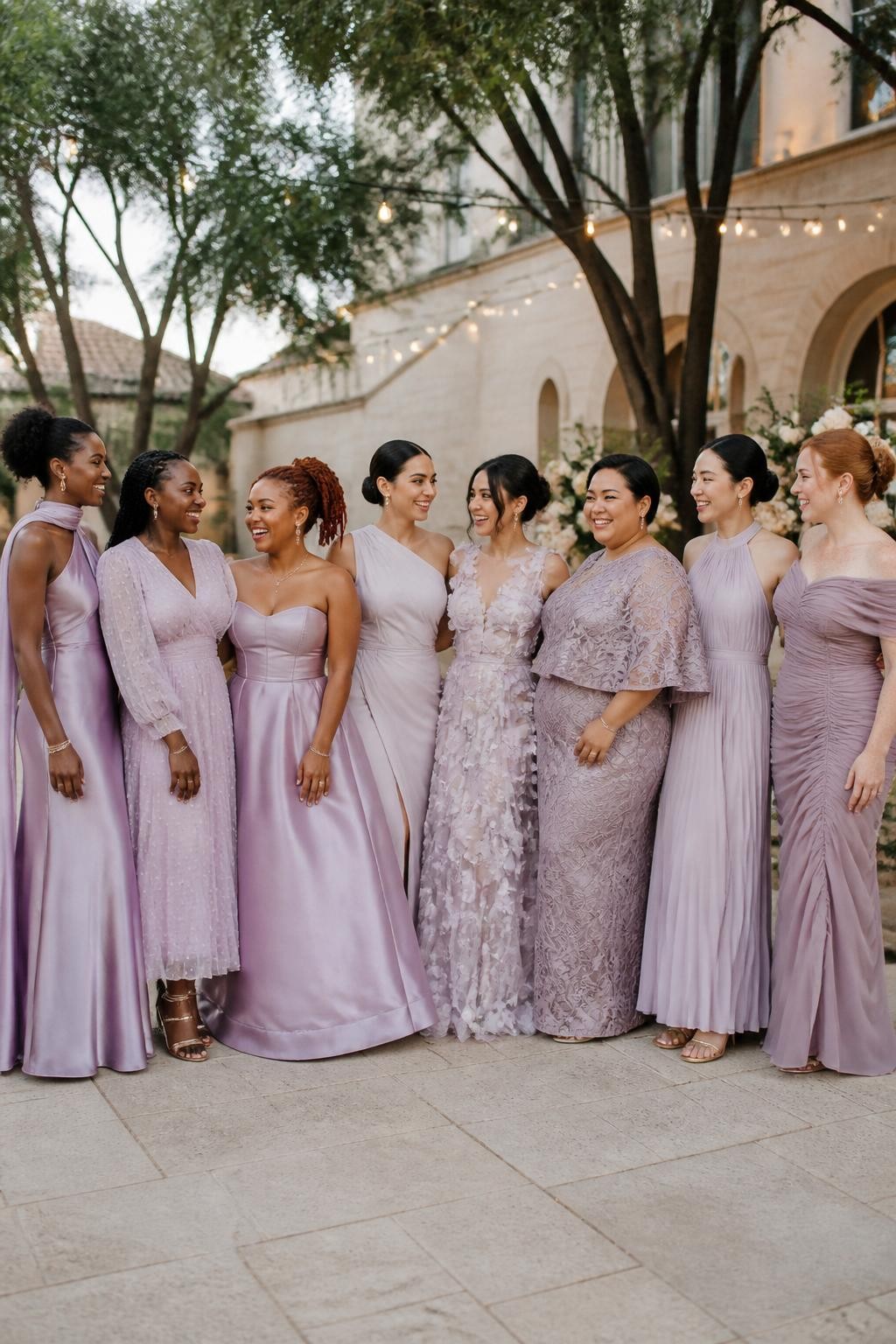 Realistic large bridal-party photograph of eight bridesmaids wearing intentionally coordinated dresses in pale lilac, pink-lilac, wisteria, dusty lilac, silver-lilac, mauve-lilac, orchid-lilac, and soft plum-lilac, fabrics including liquid satin, Swiss-dot organza, matte crepe, pleated chiffon, floral organza, tonal jacquard, stretch mesh, and silk faille, silhouettes including a scarf-neck satin gown, dotted midi dress, basque-waist ball gown, asymmetrical column, dimensional-flower gown, capelet dress, pleated halter, and off-shoulder ruched design, women with very deep, deep brown, reddish brown, golden, olive, tan, East Asian fair, and pale freckled skin tones, broad representation of ages, heights, and body shapes, bright beautiful faces and genuine laughter, hairstyles including natural coils, braids, locs, waves, sleek buns, short cuts, and softly styled hijab, standing in a lush estate courtyard with cream stone, mature trees, ivory flowers, and warm string lights, every fabric responding differently to the evening light, realistic spacing and candid movement.