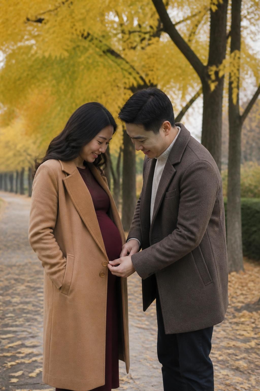 Image Prompt: A pregnant East Asian woman standing with her husband beneath tall yellow trees on a quiet park path, the woman wearing a fitted dark burgundy maternity dress and an open camel coat while her husband gently fastens one lower coat button beneath her belly, both looking down at his hands with natural smiles, he wears dark trousers, a cream sweater, and a brown wool jacket, their bodies angled slightly toward each other, scattered leaves across the path, soft overcast daylight, photographed with a DSLR 70mm lens from a slight side angle, realistic hand placement, natural coat tension around the bump, authentic expressions, clear facial details, no exaggerated romantic pose, no perfectly arranged leaf carpet.