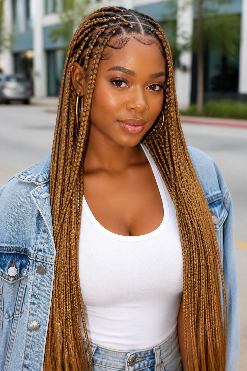 Image Prompt: A stylish woman wearing waist-length light golden brown box braids, neat square parts, smooth finished braids with soft golden shine, softly styled baby hairs, medium-deep brown skin, glossy lips, gold hoop earrings, white tank top with denim jacket, outdoor city background softly blurred, natural daylight, realistic lifestyle beauty portrait, detailed braid texture and neat scalp parts, no text, (no watermarks on images)