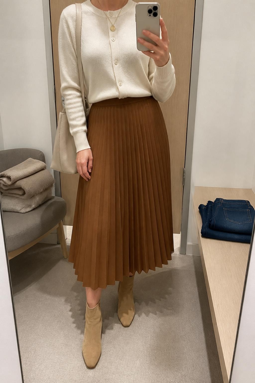 mirror selfie of a woman wearing the exact outfit described above, clearly showing an ivory button-front cardigan tucked into a warm brown pleated midi skirt, tan ankle boots, a cream shoulder bag, and a gold pendant necklace, holding a phone in front of a mirror, cropped at NECK so the face does not show, with a relaxed casual selfie pose, in a minimal dressing room, soft indoor lighting, with a folded blanket on a chair and folded denim jeans on a bench, latest iPhone photo quality.