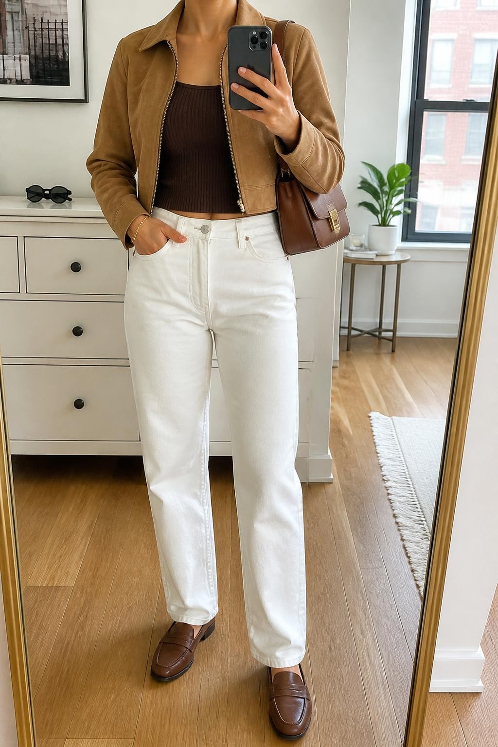 Mirror selfie of a woman wearing a cropped tan suede jacket over a fitted chocolate-brown ribbed tank top, white high-waisted straight-leg jeans, brown leather loafers, and a structured cognac shoulder bag, clearly showing the exact clothing items, colors, fabrics, and accessories listed, holding a phone in front of a stylish city apartment mirror, cropped at the neck so the face does not show, relaxed casual selfie pose, natural window light, sunglasses placed on a dresser and a small plant on a side table, natural and uncluttered, latest iPhone photo quality.