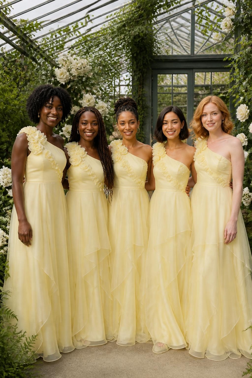 Realistic greenhouse wedding portrait of five bridesmaids wearing pale butter yellow organza gowns with handmade three-dimensional ranunculus flowers placed asymmetrically over one shoulder and scattered lightly across the upper bodice, fitted opaque linings, softly shaped waists, and airy layered floor-length skirts, women with deep mahogany, rich brown, medium golden, olive, and fair peach skin tones, naturally varied ages and body proportions, bright beautiful faces with individual smiles and realistic skin highlights, hairstyles including springy coils, long braids, twisted updo, polished bob, and loose waves, standing inside a glass botanical greenhouse filled with white roses, climbing greenery, ferns, and diffused daylight, translucent yellow fabric catching the light softly, individual petals casting tiny natural shadows, visible hand-finished flower edges, believable skirt layers and gentle movement.