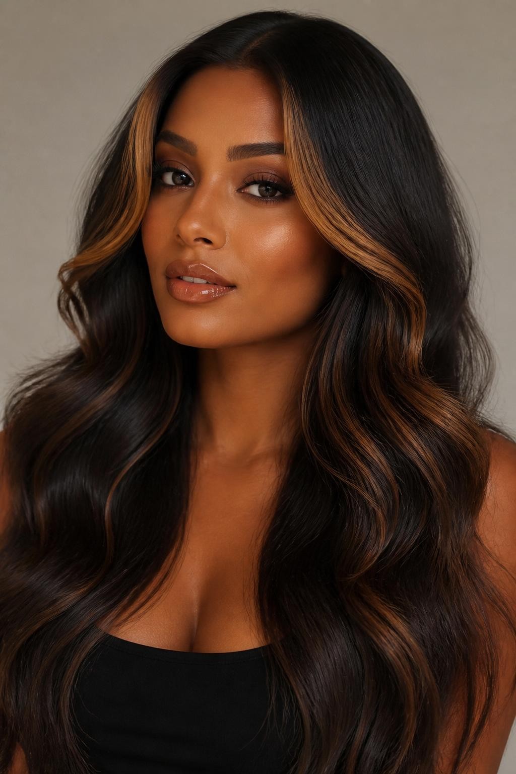 Image Prompt: A stylish woman with dark brown wavy hair and light golden brown money piece highlights framing the face, rich dark base with warm golden brown front sections, soft waves with shine, warm deep skin tone, glossy lips, subtle bronzed makeup, fitted black top, clean neutral studio background, close-up beauty portrait, realistic DSLR photo, sharp face-framing color detail, no text, (no watermarks on images)